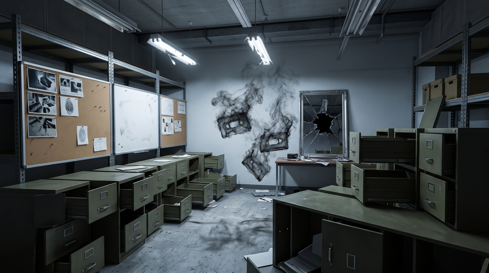 Conceptual illustration of forensic evidence destruction showing empty filing cabinets, erased evidence boards, and dissolving backup media representing Avalon's anti-forensics and recovery disruption stage