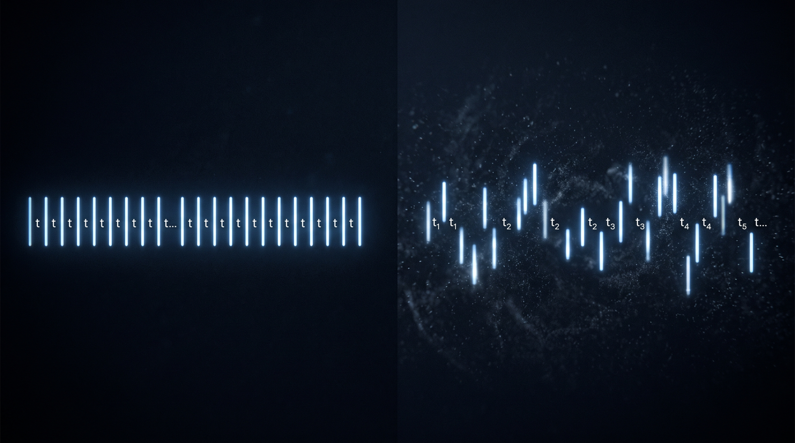 Abstract illustration contrasting perfectly uniform beacon intervals on the left with randomized jittered intervals on the right, symbolizing the difference between detectable and stealthy beaconing cadence