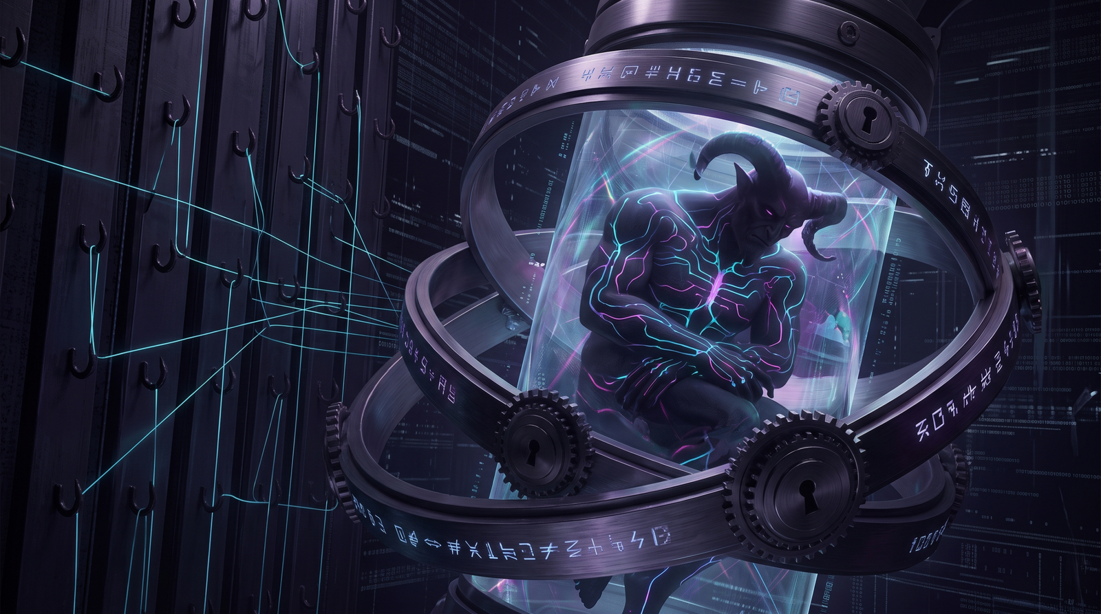 Illustration of a sleeping demon implant encrypted in memory, symbolizing Havoc's Ekko sleep obfuscation and indirect syscall evasion techniques
