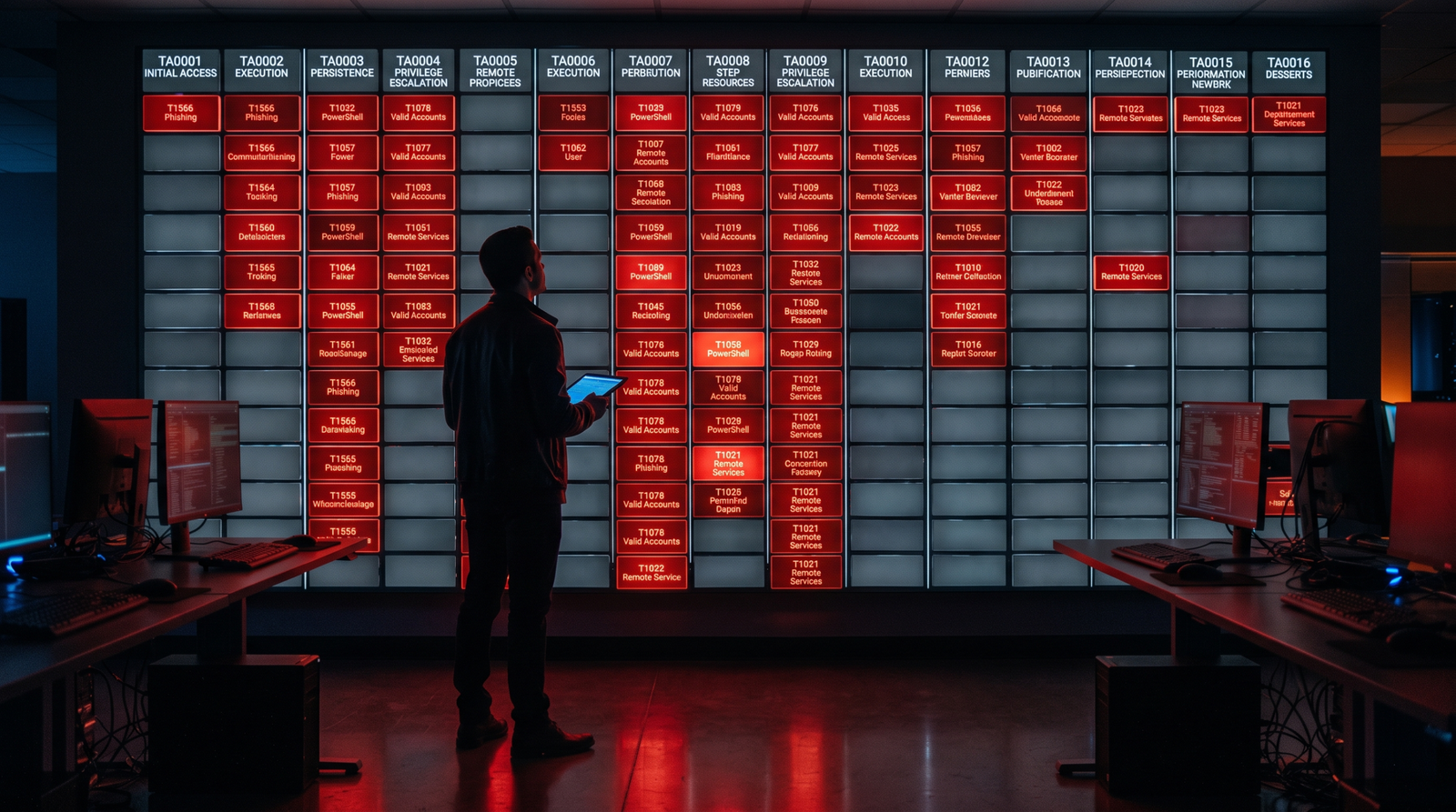 Symbolic illustration of an ATT&CK Navigator heatmap as a physical wall of red and grey tiles with an analyst silhouette identifying detection gaps