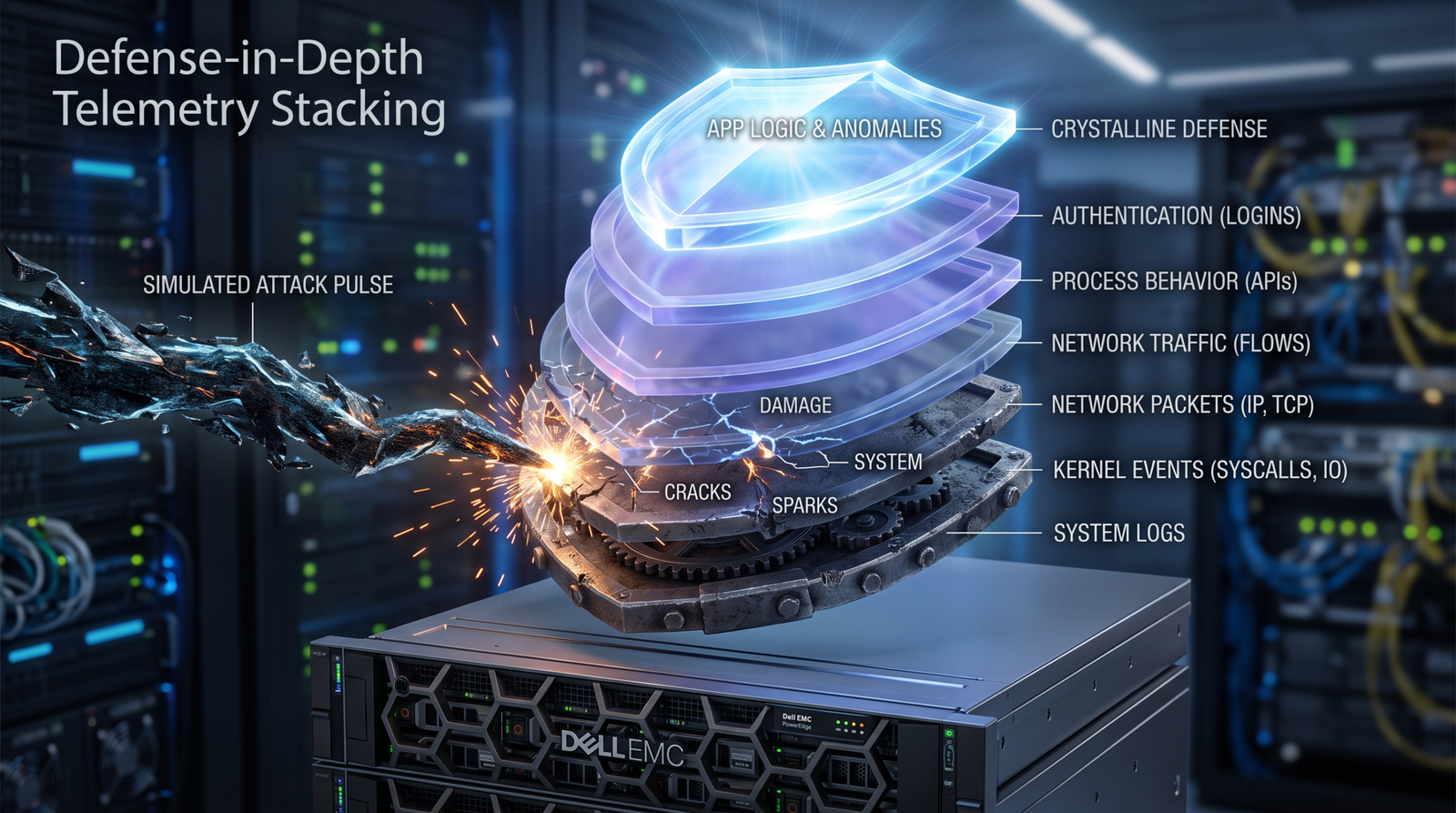 Conceptual illustration of layered detection - Sysmon, ETW, and LDAP telemetry stacked as shield layers above a server, catching attack signals at multiple depths