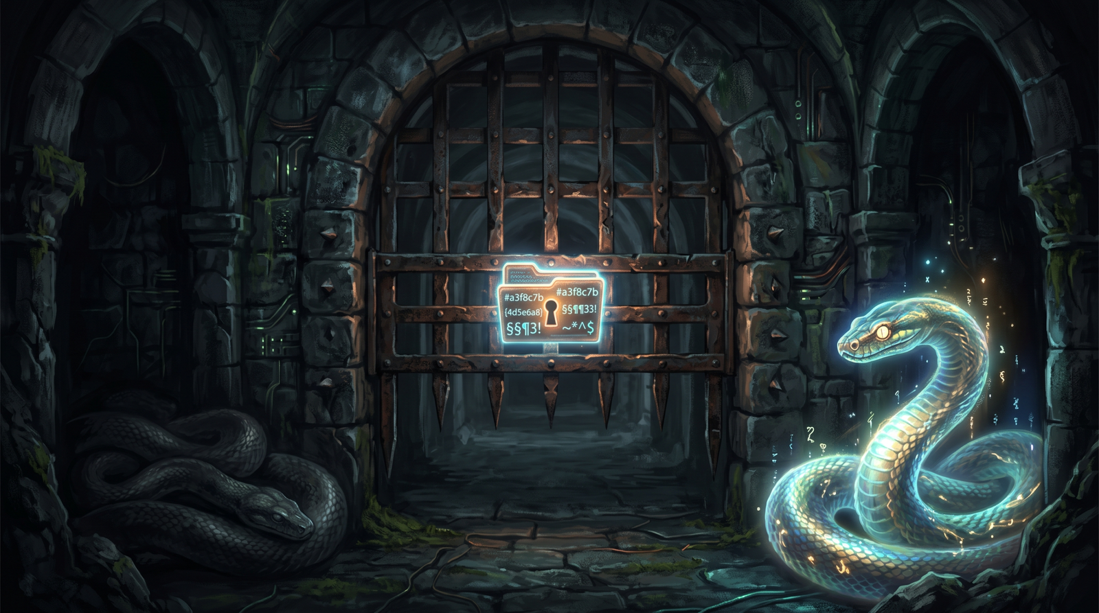 A portcullis gate representing the EXPLOIT_ filename environment gate that keeps the payload dormant until the exact researcher context is detected