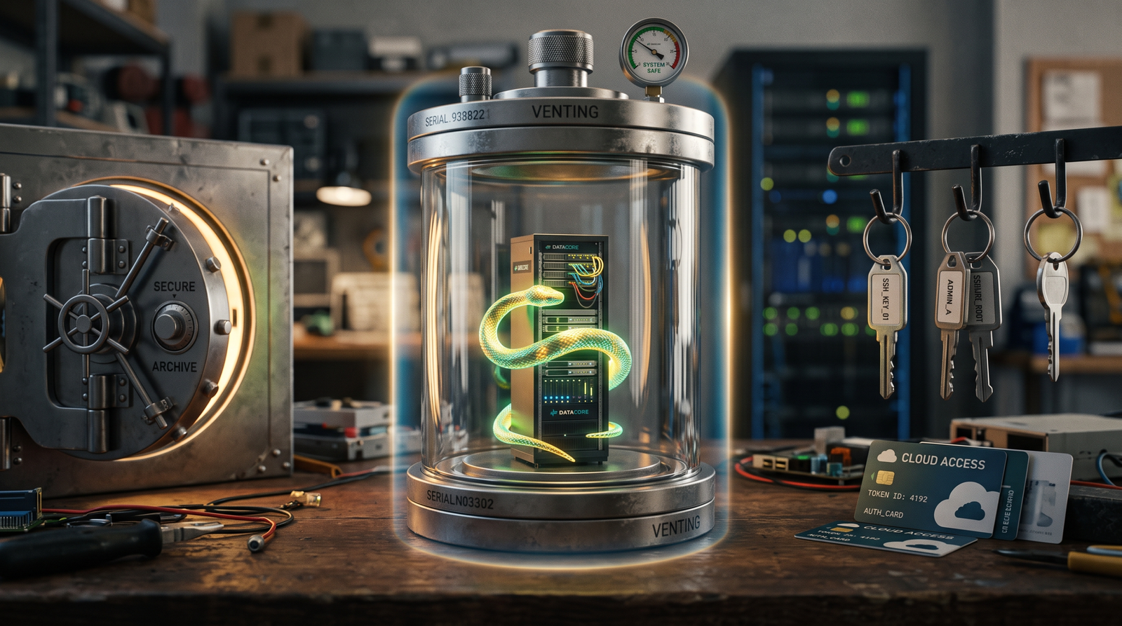 A sealed glass containment vessel holding the malware safely isolated while valuable credentials remain untouched outside, symbolizing ephemeral sandbox discipline