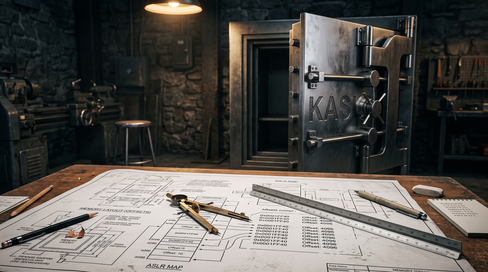 Illustration of an open vault labeled KASLR being bypassed not by picking the lock but by a blueprint of precise memory layout arithmetic, symbolizing that deterministic intra-allocation offsets make address randomization irrelevant to this exploit.