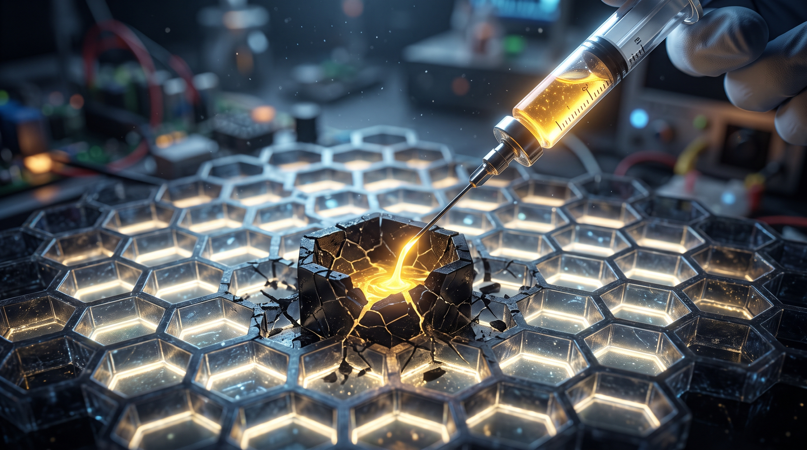 Conceptual illustration of heap spray attacking a freed slab cache slot, represented as a syringe injecting into a cracked cell within a honeycomb memory slab structure