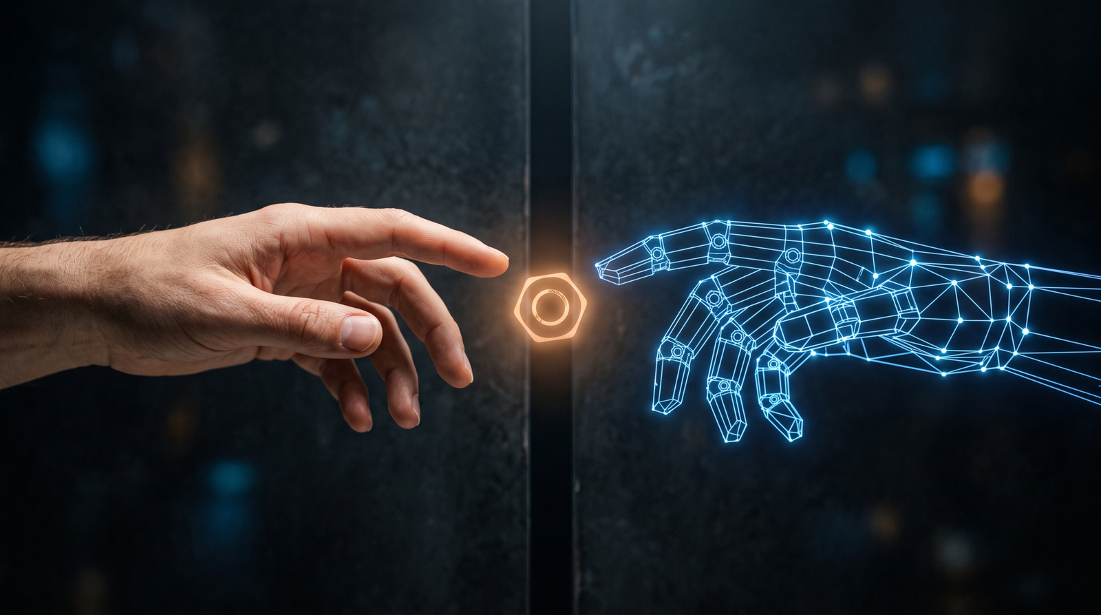 Conceptual illustration of human and AI hands reaching toward each other across a gap, symbolizing complementary strengths in hybrid kernel vulnerability research workflows