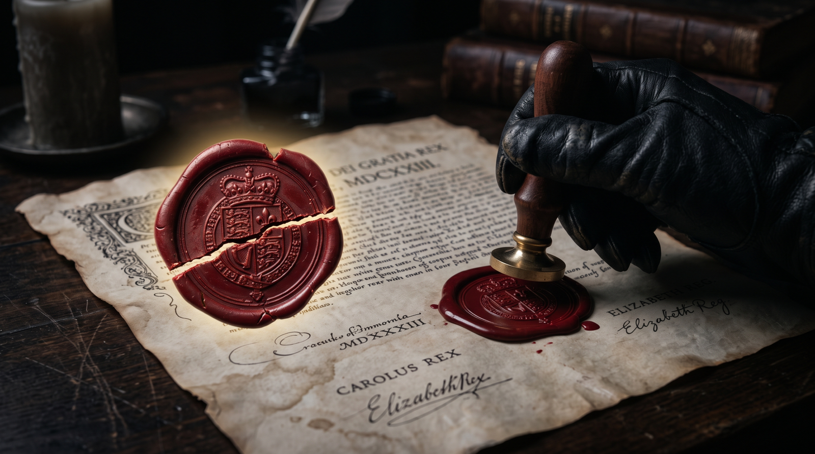 Illustration of a forged wax seal being stamped on a document, symbolising Golden SAML token forgery where a stolen signing key produces indistinguishable counterfeit identity assertions.