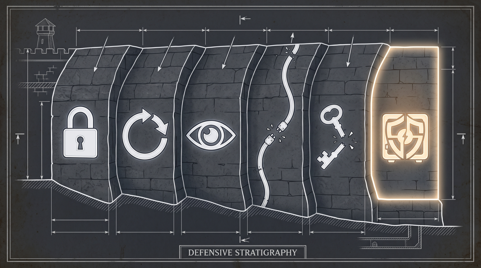 Illustration of a fortress wall in cross-section with symbolic defensive layers representing the ten hardening controls needed beyond patching, with certificate rotation shown as the innermost and most critical layer.