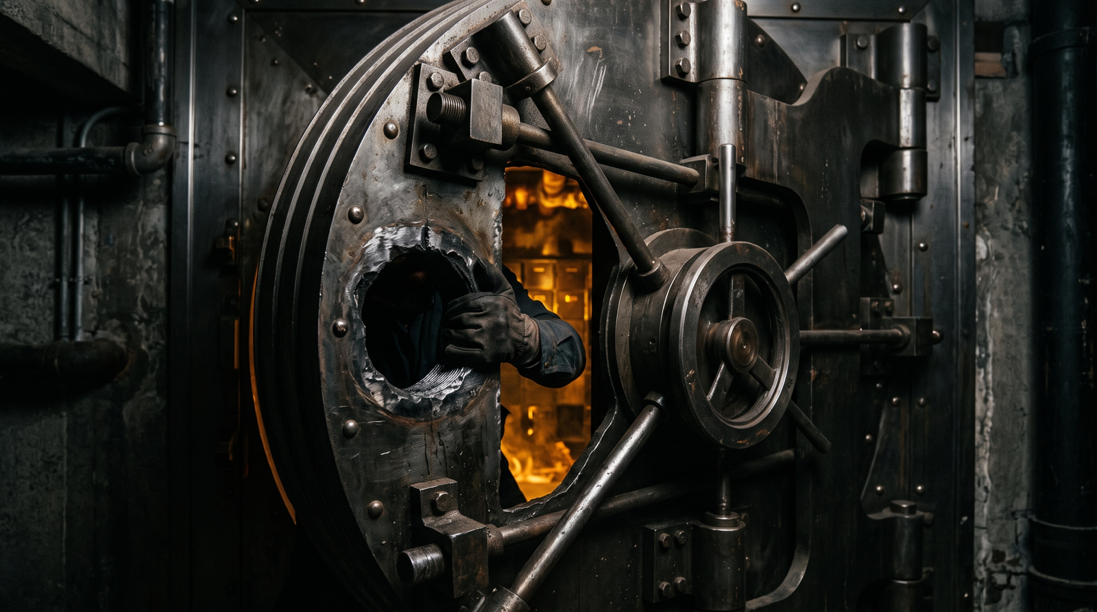 Conceptual illustration of an uninitialized resource vulnerability depicted as a vault door with a missing bolt - the gap that was never filled represents the uninitialized memory field that an attacker exploits