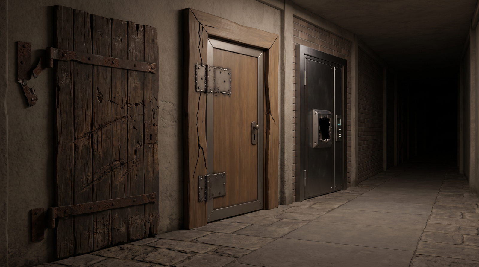 Illustration showing three progressively modern doors in a corridor each with a different structural vulnerability, representing the evolution of RDP pre-auth bugs from BlueKeep through DejaBlue to CVE-2026-56190 and implying future vulnerabilities ahead