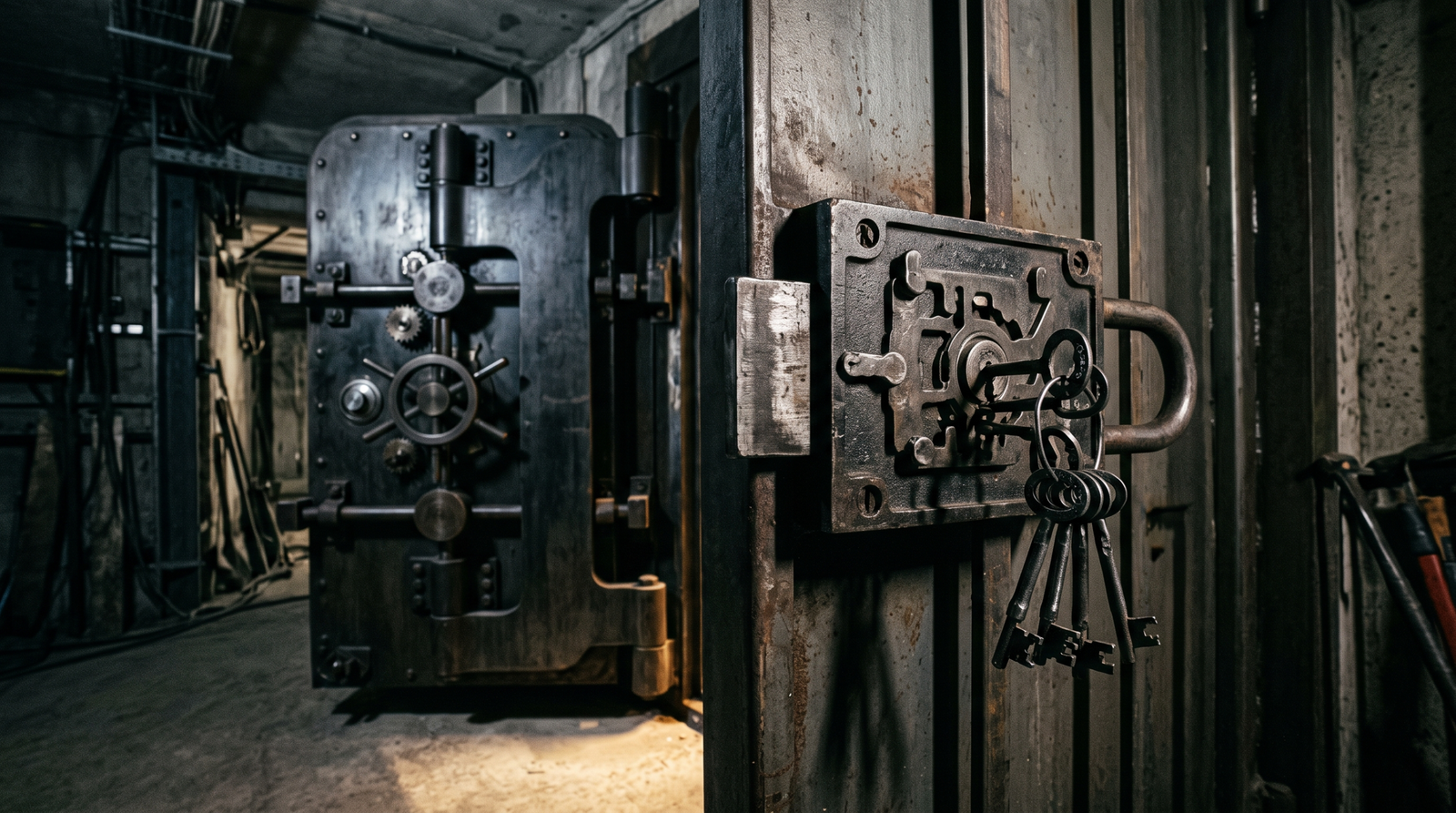 Illustration showing a picked lock revealing a second sealed vault door behind it, symbolising that bypassing DEP with ROP still faces additional mitigations like ASLR and CFG