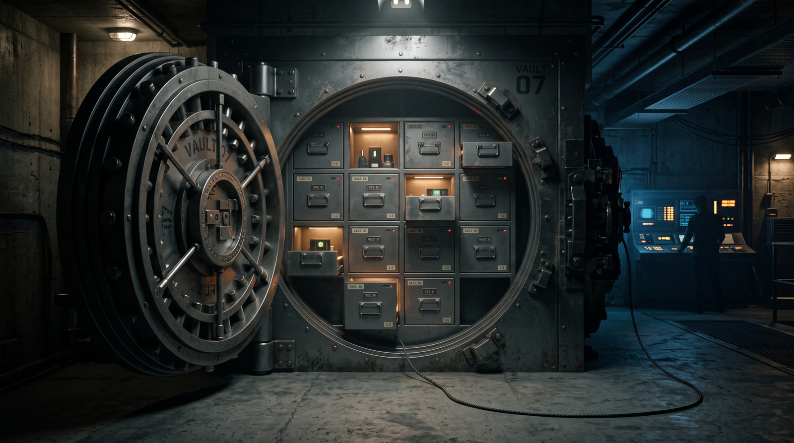 Illustration of a modular vault with individually locked drawers representing on-demand OCX plugins, connected by a single cable to a remote controller, symbolizing the Golden Chickens controller-and-plugin architecture.