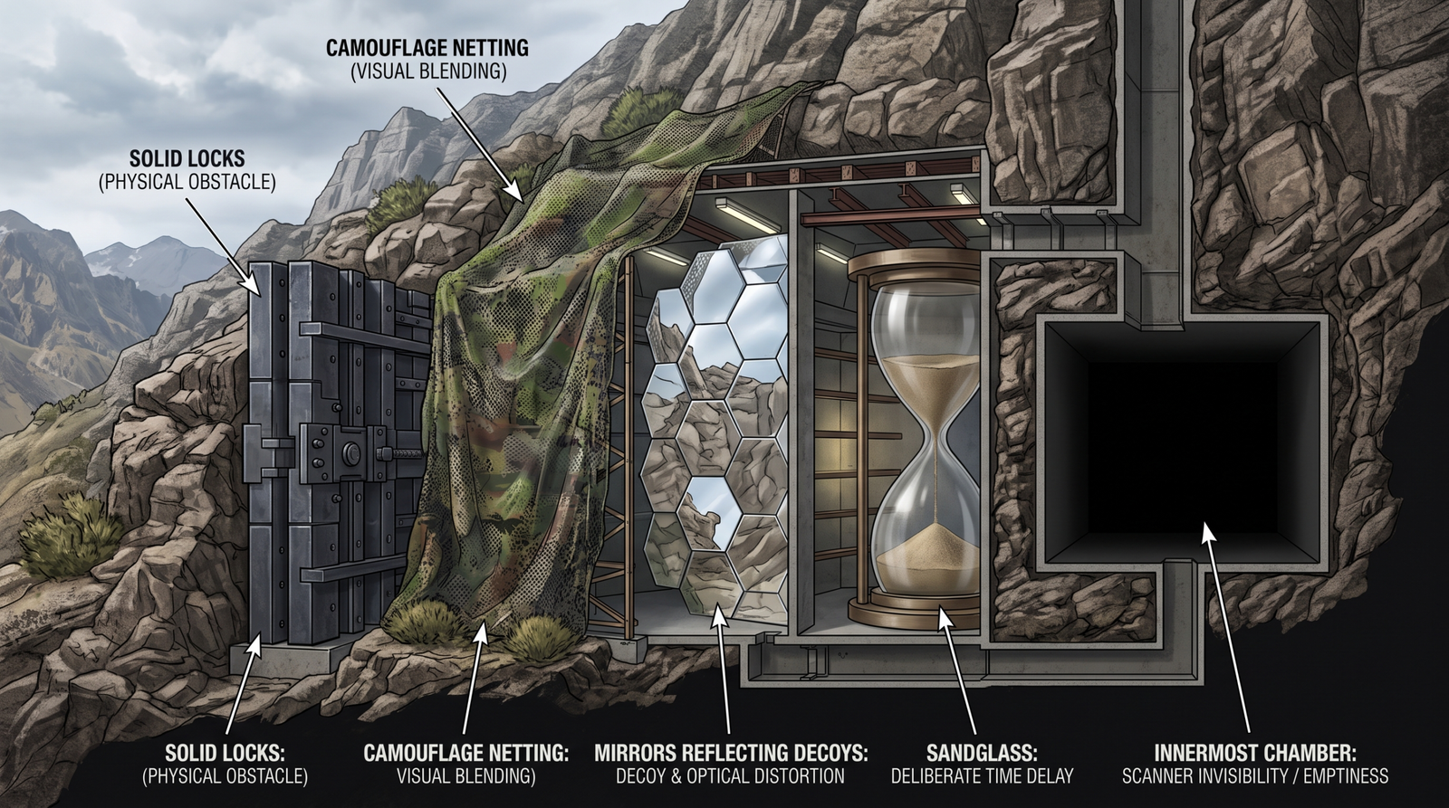 Conceptual illustration of layered evasion defenses as concentric fortress walls made of locks, camouflage, mirrors, and hourglasses protecting a dark inner chamber
