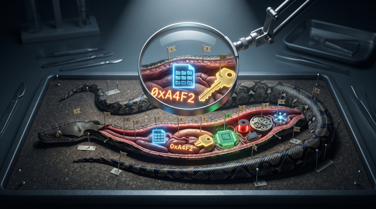 Forensic illustration of a serpent dissected on an examination board with glowing internal organs representing unique binary artifacts used as YARA detection anchors