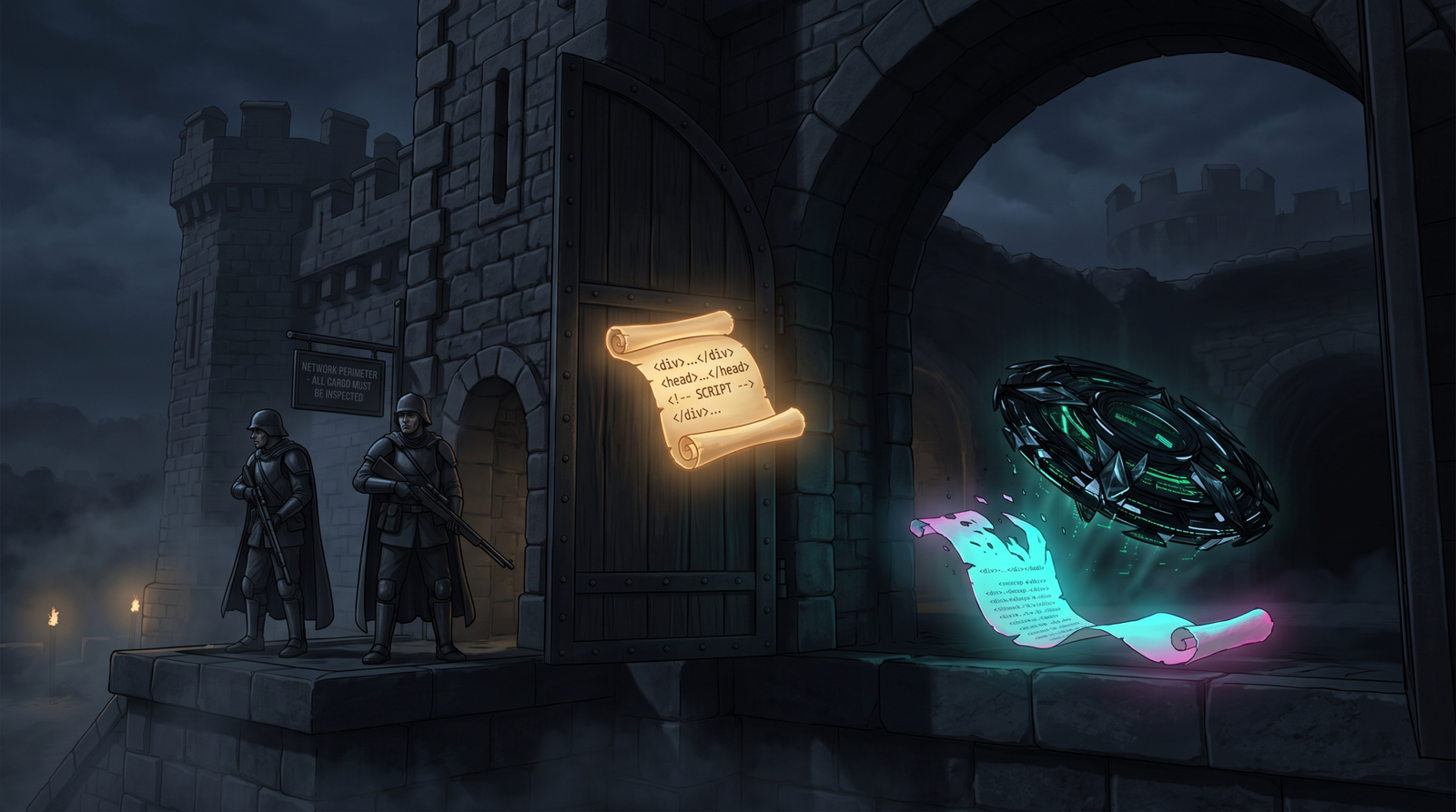 Conceptual illustration of HTML smuggling bypassing a perimeter checkpoint, with a payload assembling inside after the gate