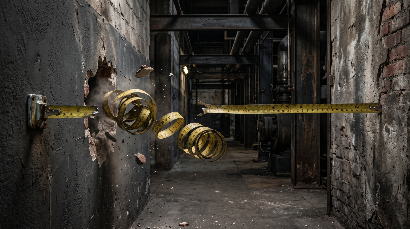 Illustration of a measuring tape wrapping around past its maximum and punching through a wall, symbolizing integer overflow wrap-around