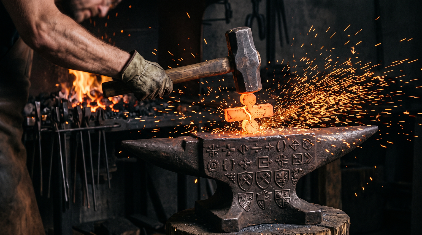 Illustration of a forge hammer striking a cracked integer symbol on an anvil surrounded by defensive shield emblems, representing compile-time hardening against arithmetic bugs