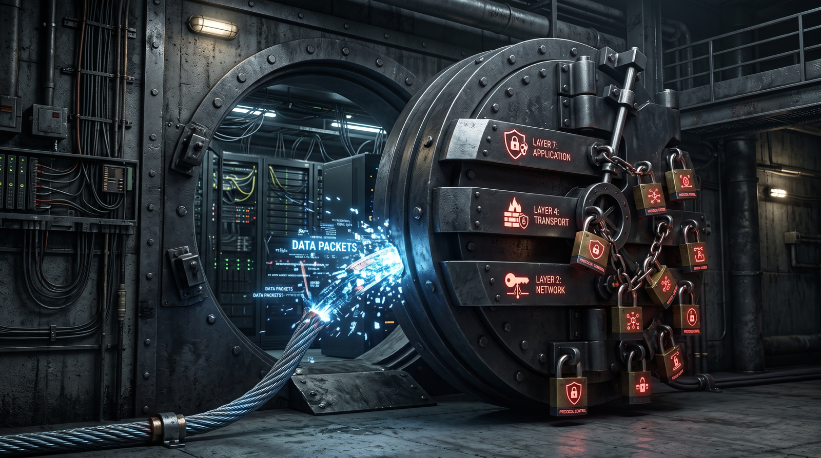 Illustration of a reinforced vault door blocking a network connection, symbolizing layered hardening controls shutting down the IPv6 relay attack chain