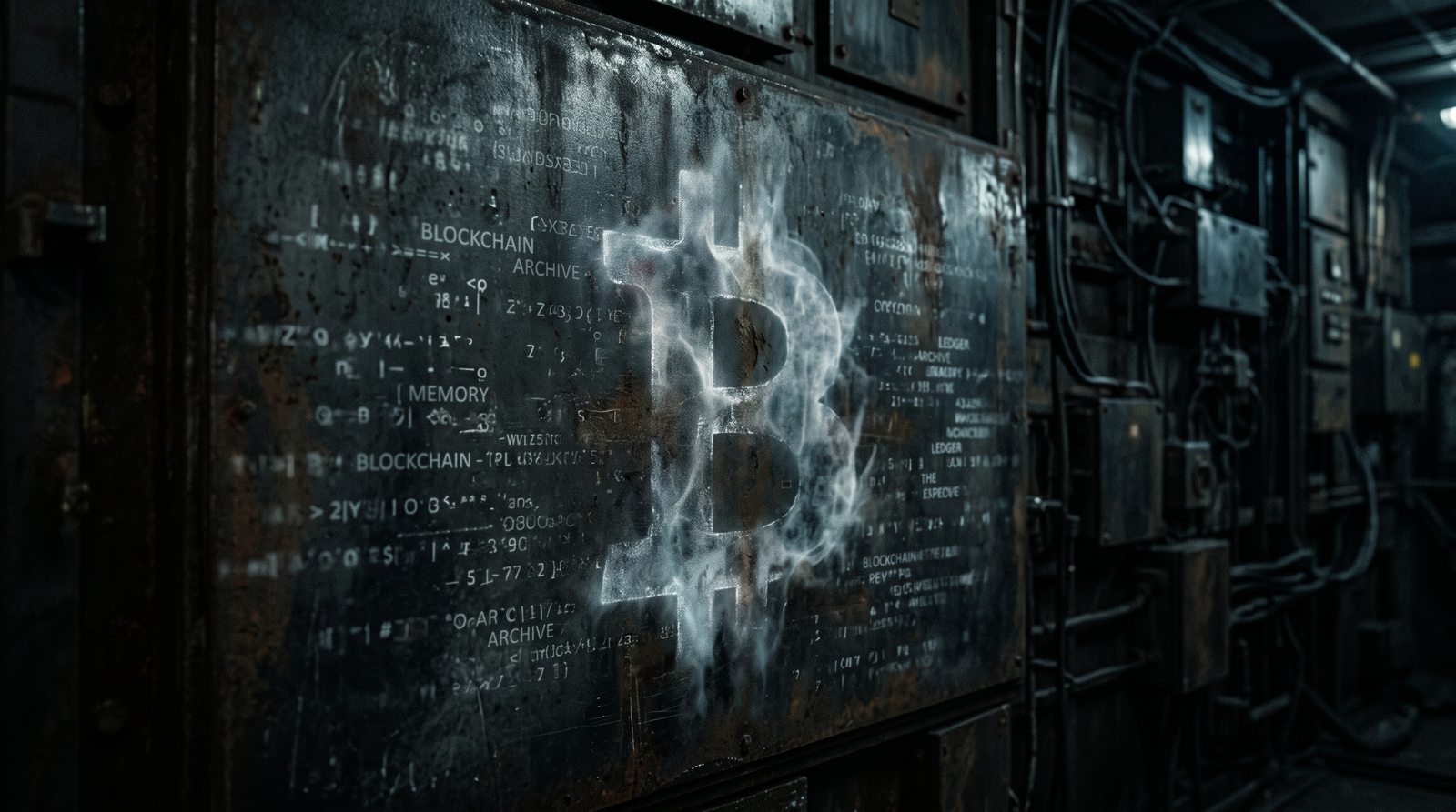 Ghostly Bitcoin symbol bleeding through a dark surface, representing training-data contamination leaving a phantom fingerprint in a live attack