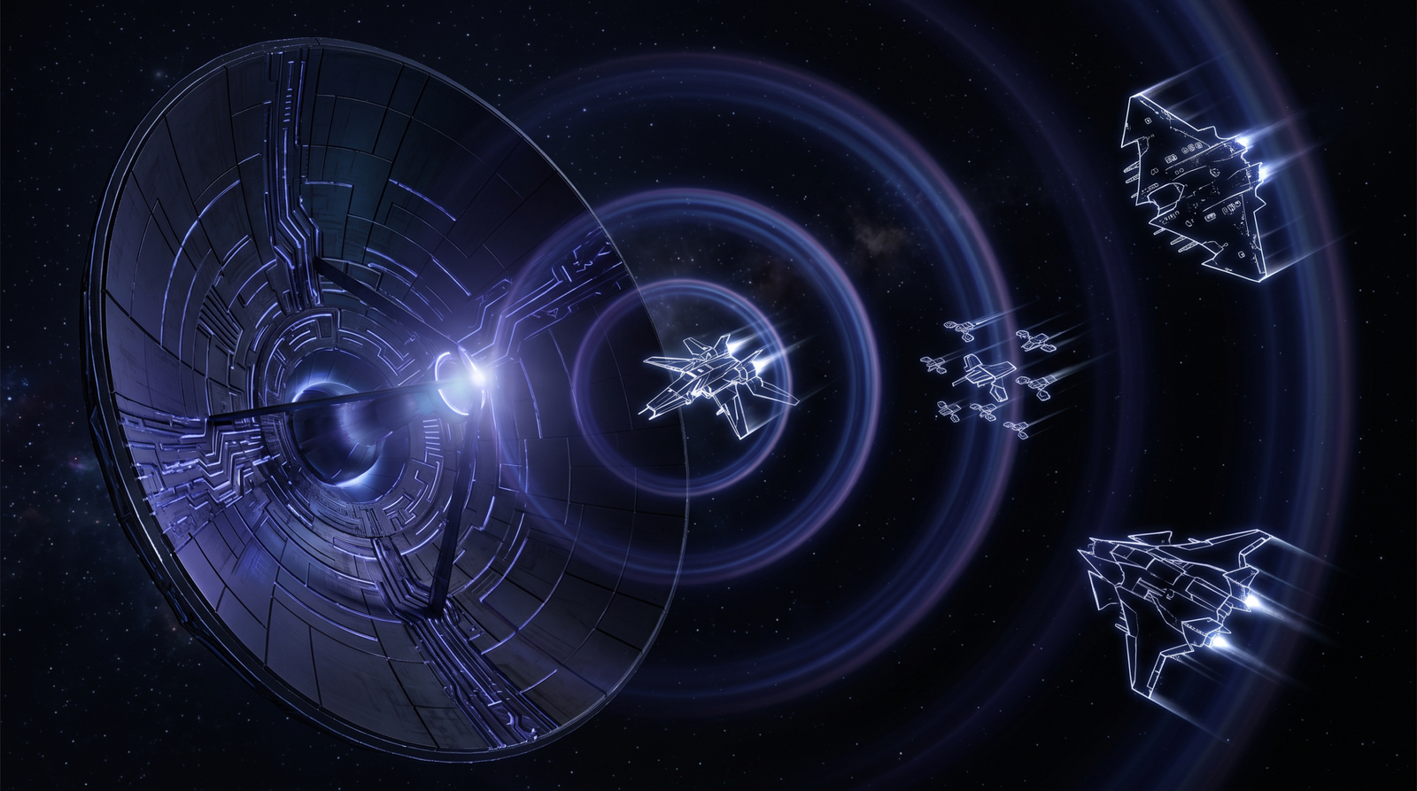 Abstract radar dish emitting detection rings that illuminate autonomous threat silhouettes, symbolizing behavioral detection of agentic attackers