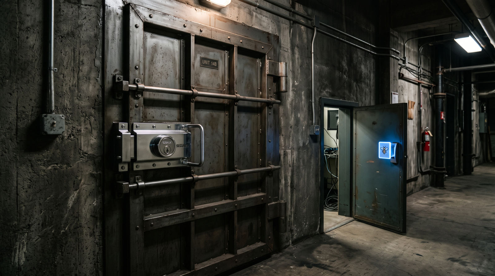 A secured main door representing a patched and password-reset account, with a hidden side door left open by the app-specific password that survives remediation