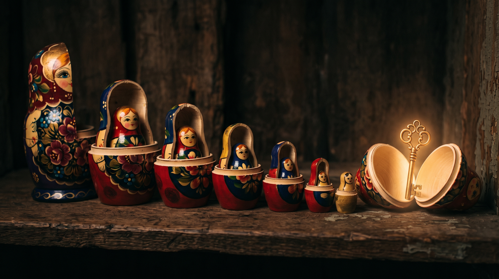 Nested Russian dolls cracked open revealing a glowing skeleton key at the center, symbolizing that the public proof-of-concept understates the true scope of the LegacyHive vulnerability.