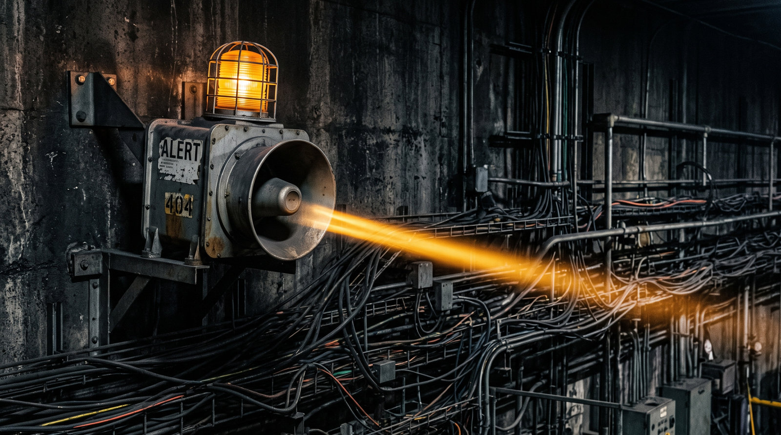 An industrial siren casting a beam of light across tangled wiring, symbolizing active detection as the primary defense when no patch is available.