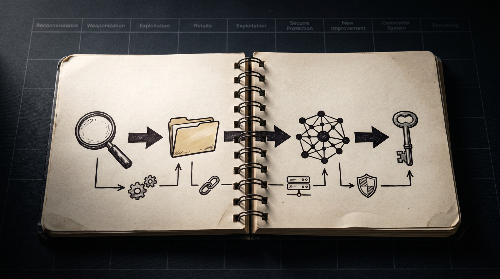 Illustration of an open tactical playbook with sequential step icons connected by arrows over an ATT&CK matrix background