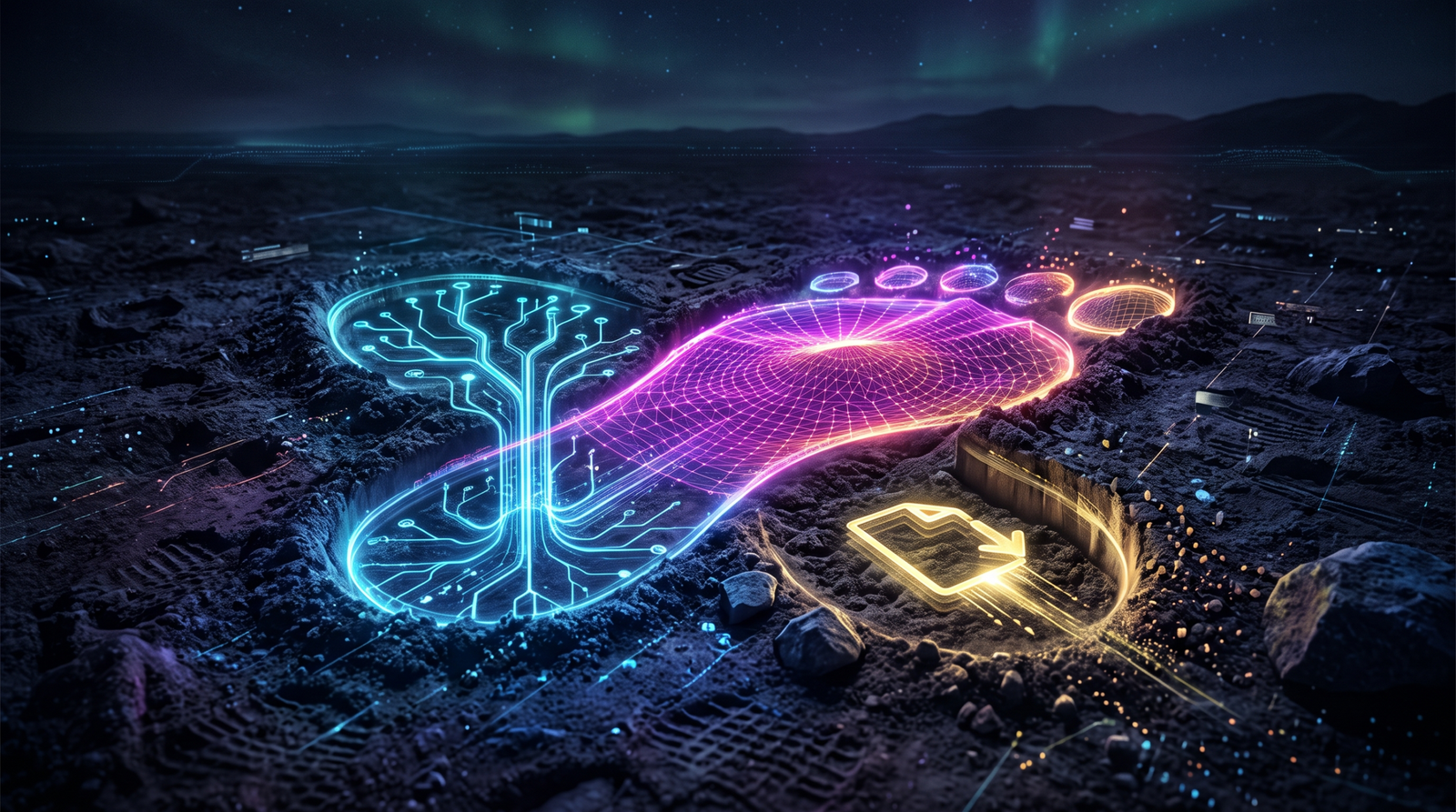 Illustration of a luminous footprint made of process tree, network beacon, and file drop symbolic layers representing the framework telemetry left by a CALDERA operation