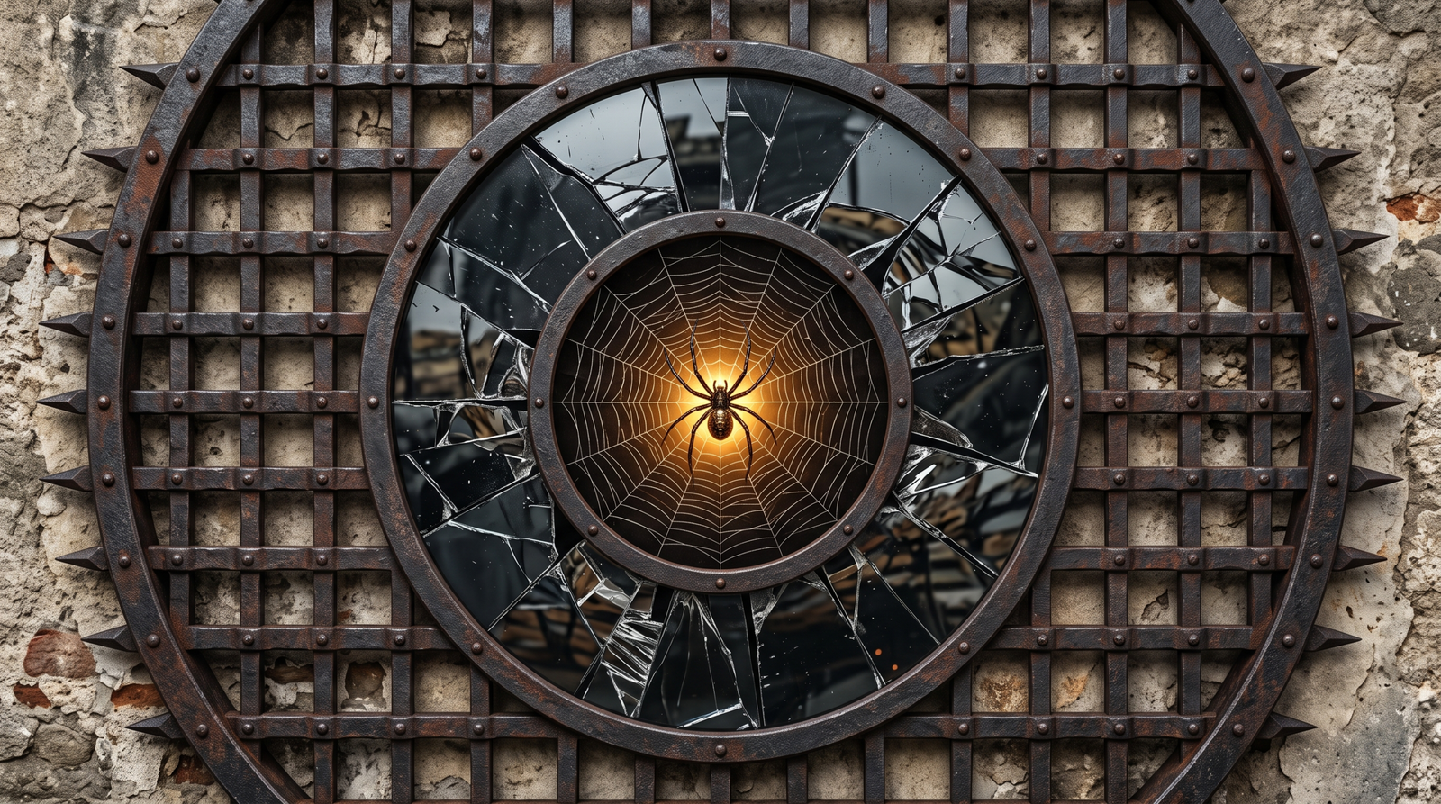 Concentric symbolic rings representing denial as a portcullis, deception as a cracked mirror, and adversary engagement as a spider's web trap
