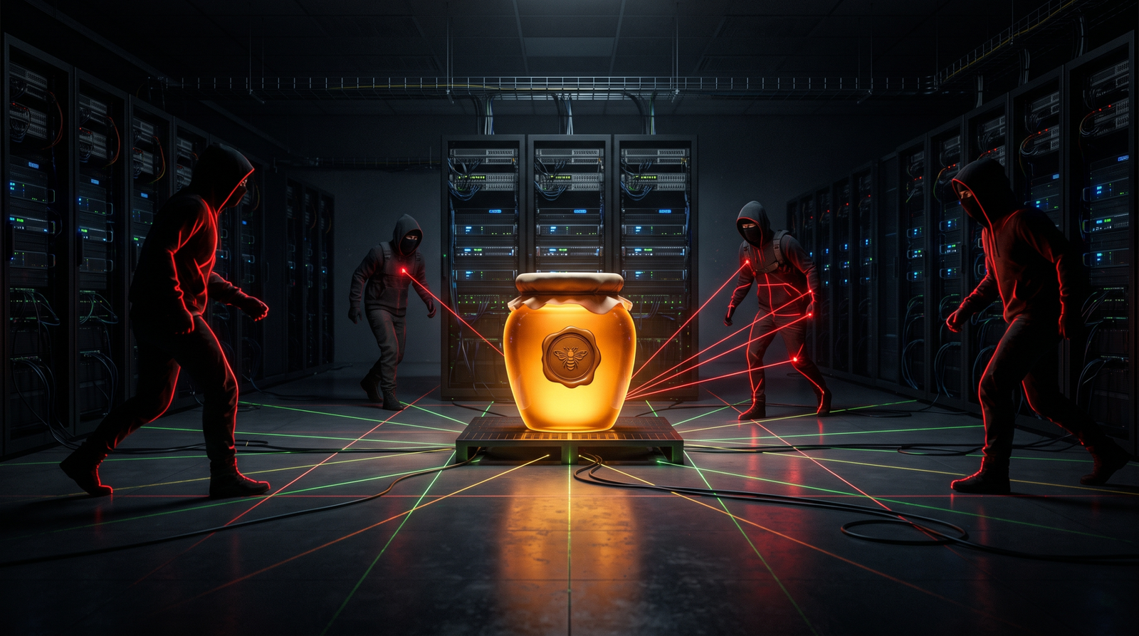 Conceptual illustration of a glowing honeypot account as a trap in a dark server room, with shadowy attacker silhouettes triggering detection tripwires as they approach