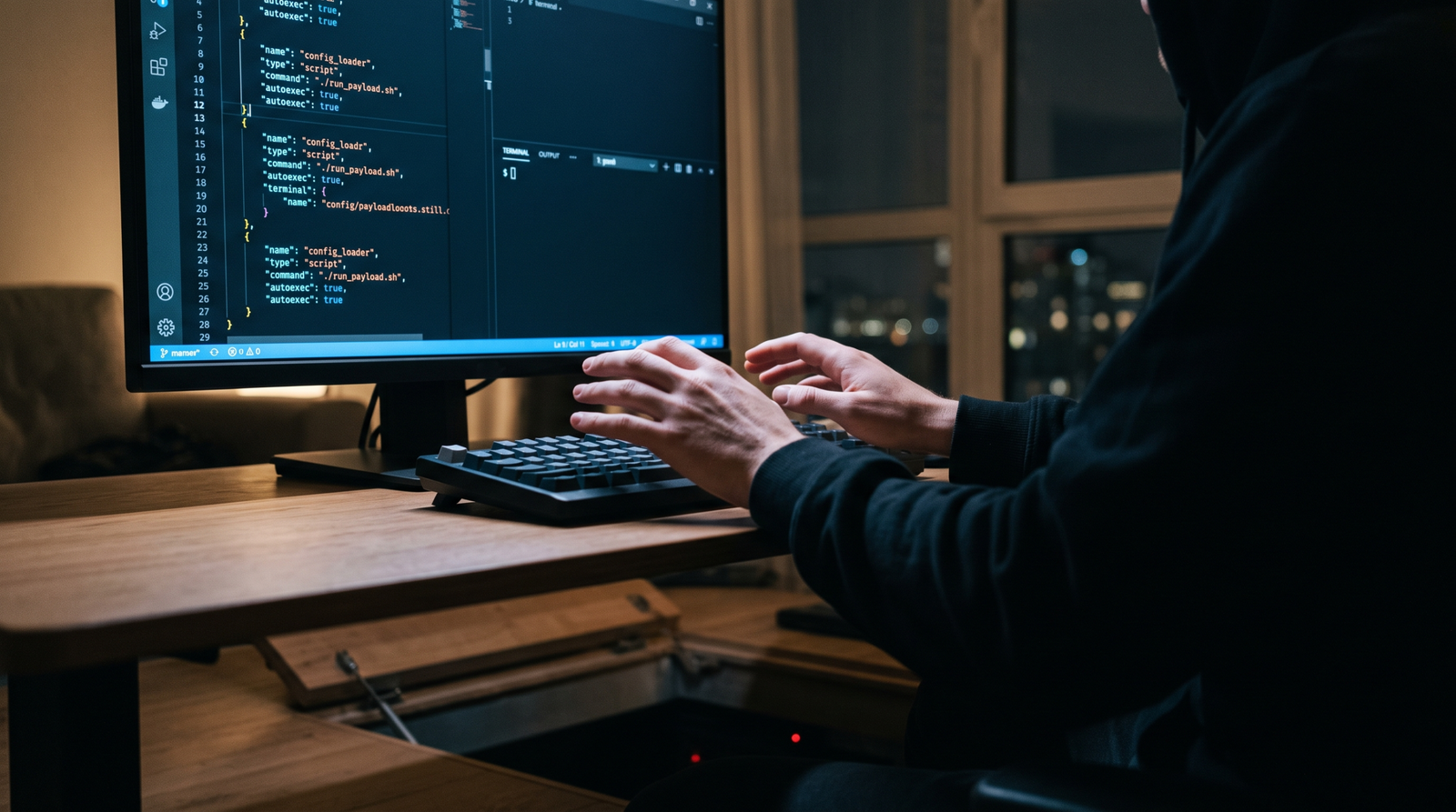 Conceptual illustration of a developer opening a VS Code workspace and silently triggering a hidden malicious task through the tasks.json folderOpen mechanism, with no visible alert