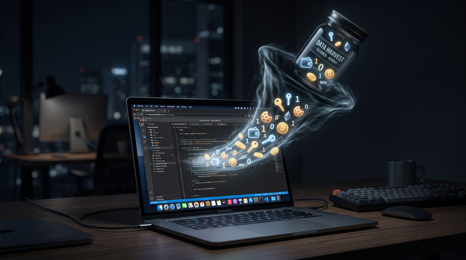Conceptual illustration of OmniStealer silently harvesting browser session cookies, cryptocurrency wallet credentials, SSH keys, and cloud storage tokens from a developer machine into an encrypted exfiltration container