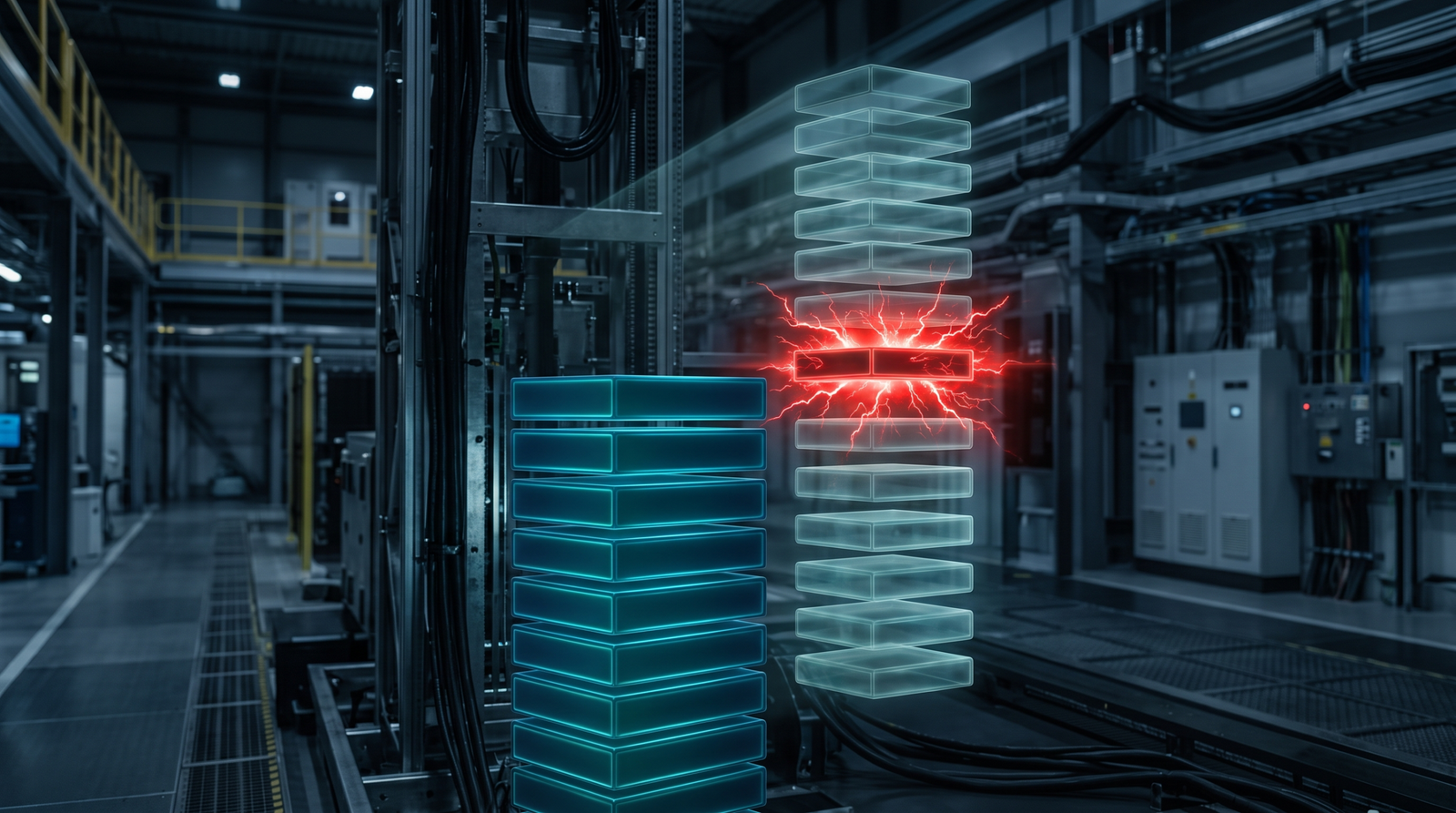 Illustration of a CET hardware shadow stack catching a mismatched return address, visualised as a glowing ghost-copy of the stack raising an alert on divergence