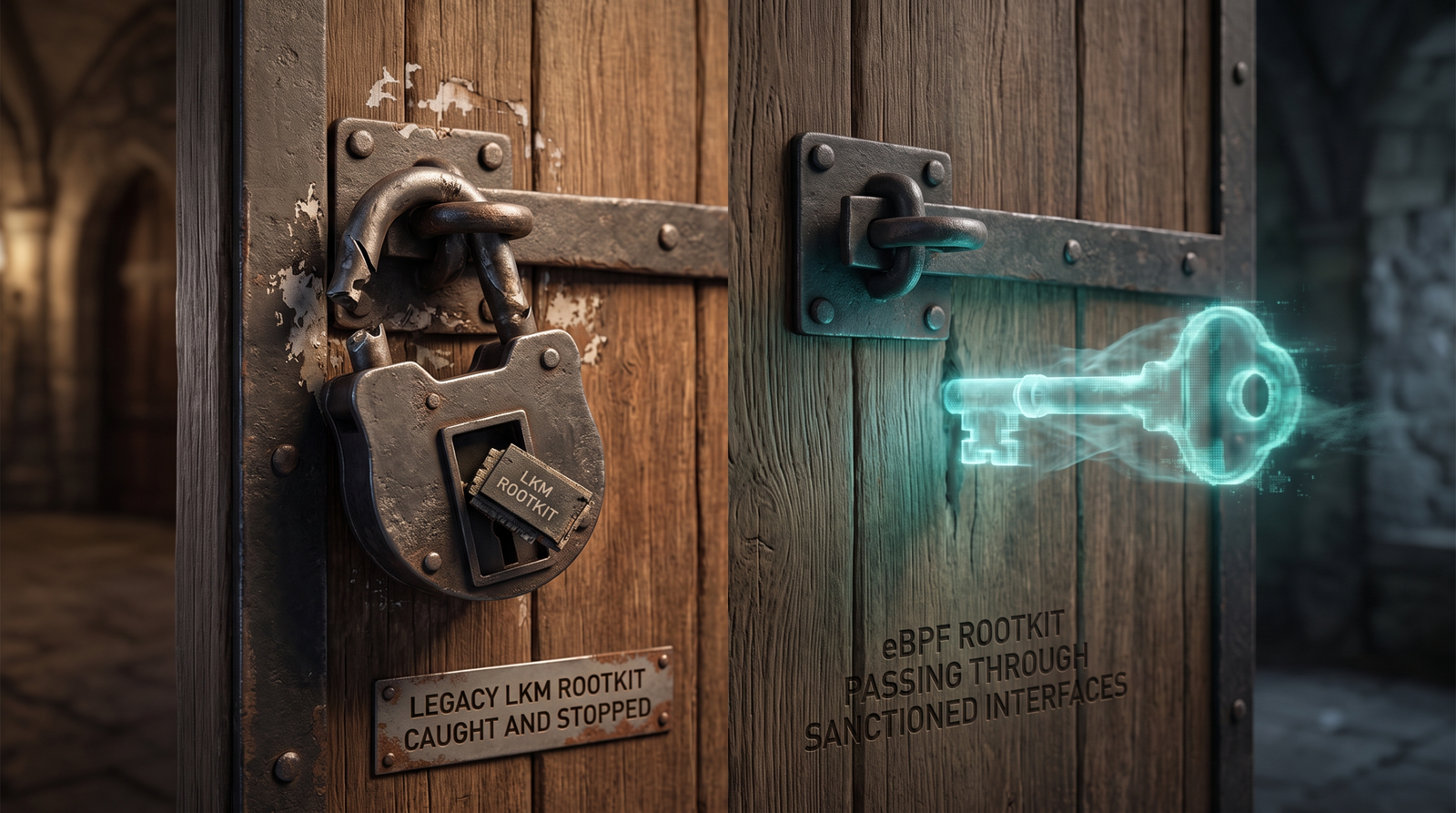 Illustration contrasting a broken padlock stopping a physical key versus a ghost key passing invisibly through a locked door, symbolising how eBPF rootkits bypass the kernel trust boundaries that stop LKM rootkits