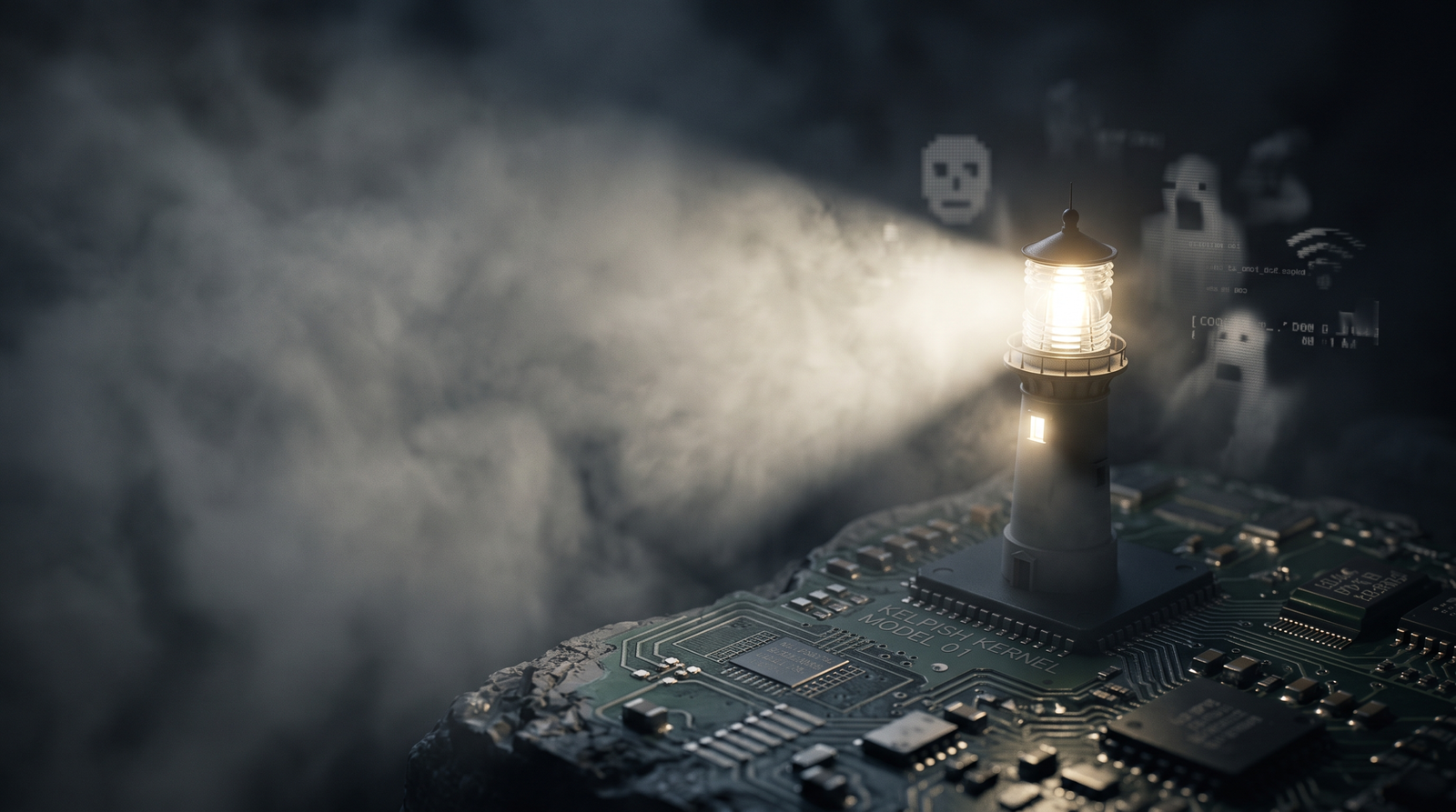 Illustration of a lighthouse beam pre-illuminating hidden ghost processes in fog, symbolising eBPF-native security monitors like Falco and Tetragon that must be loaded before a rootkit to remain outside its blind spot