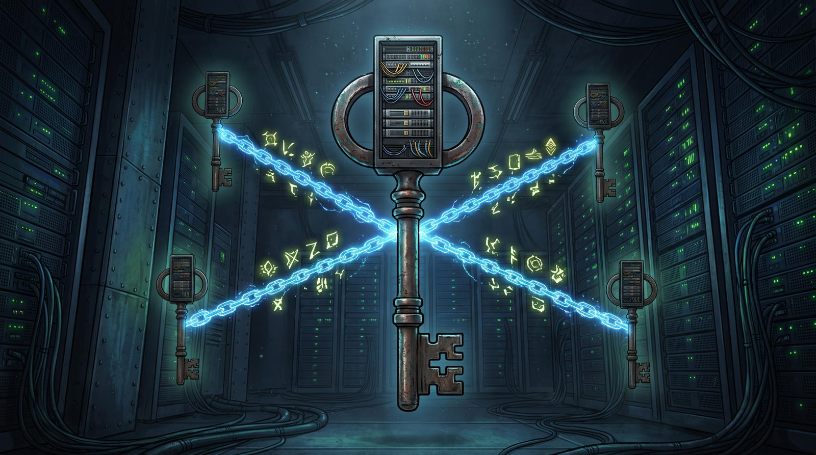 Symbolic illustration of a single stolen machine key radiating chains to multiple server nodes, representing how one compromised machine key grants persistent forged VIEWSTATE access across an entire SharePoint farm