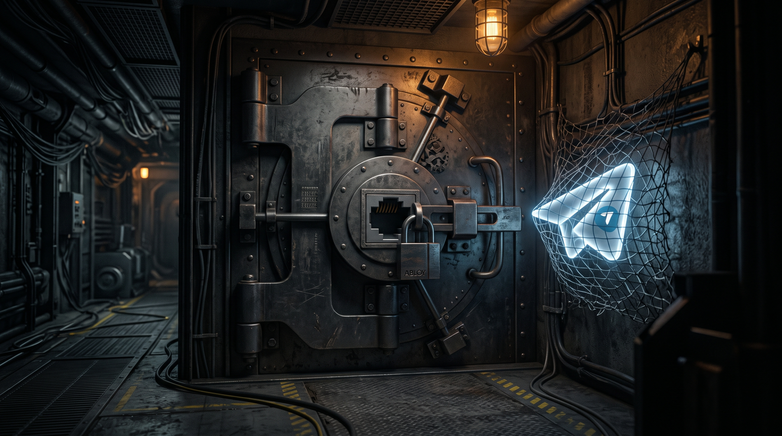 Illustration of a sealed vault door with a padlocked network port representing hardened network egress controls blocking Telegram-based covert C2 channels