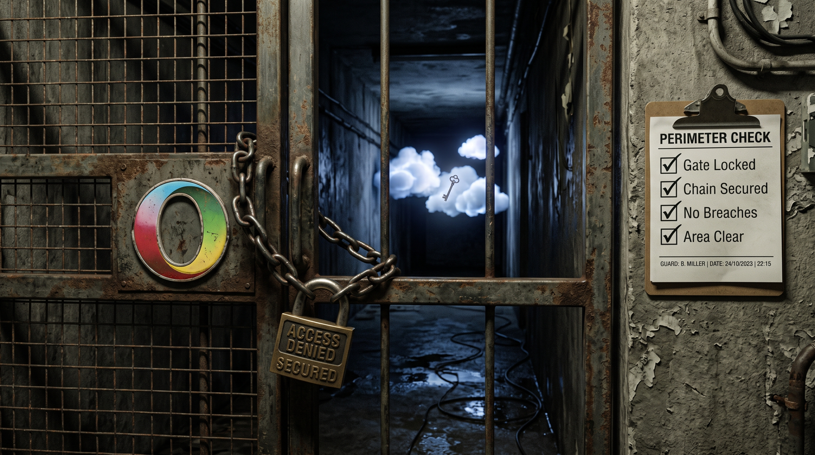 Symbolic illustration of layered hardening controls blocking the Umbrij STRD attack path including Chrome remote debugging policy, OAuth app restrictions, and scheduled task hunting