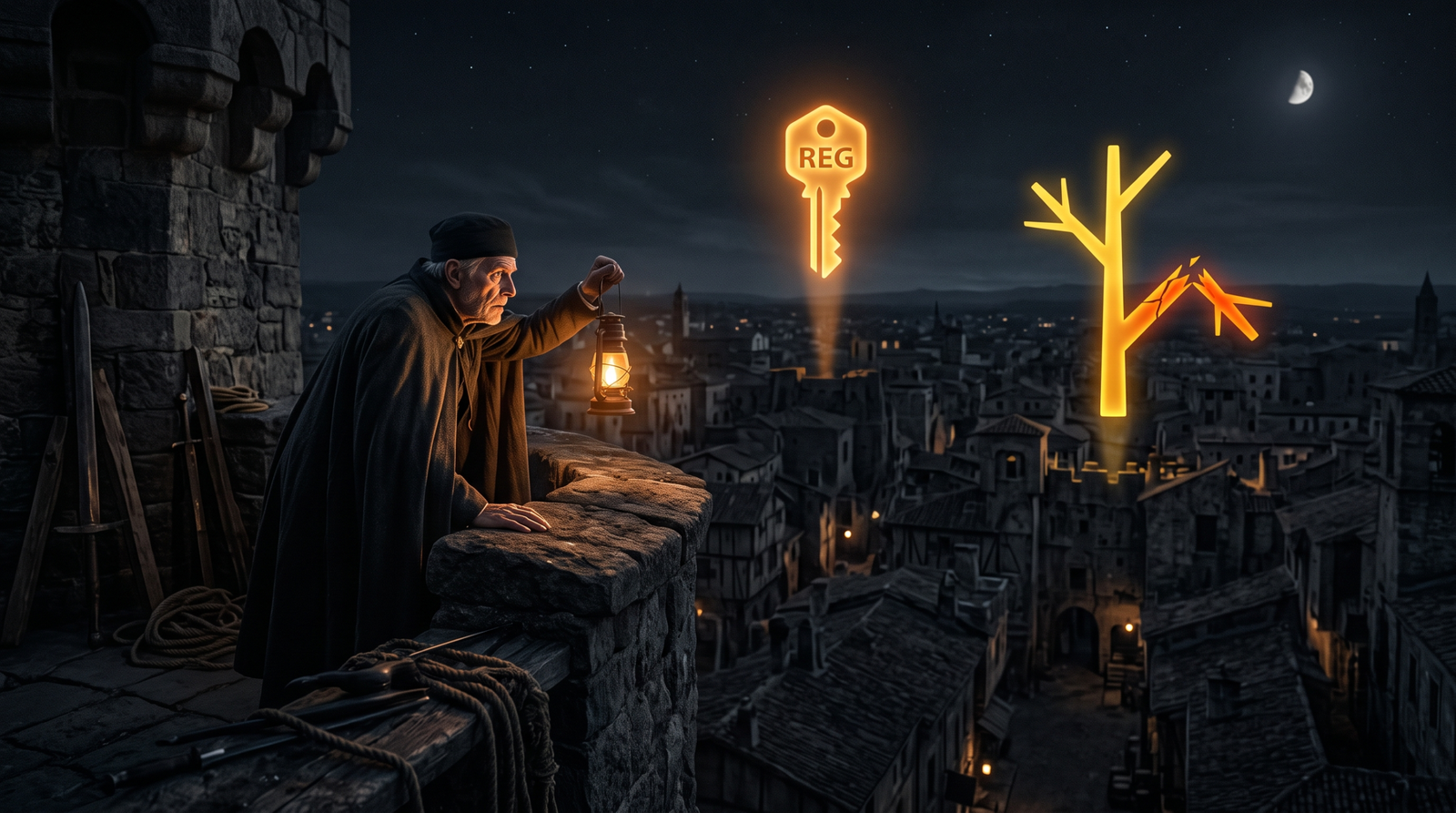 Illustration of a watchtower sentinel spotting registry and process-tree anomaly signals rising from a darkened city, symbolizing UAC bypass detection