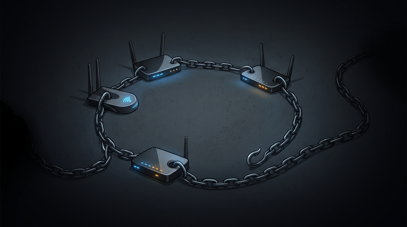 Conceptual illustration of an ORB relay chain showing compromised edge devices both controlled and controlling the next hop