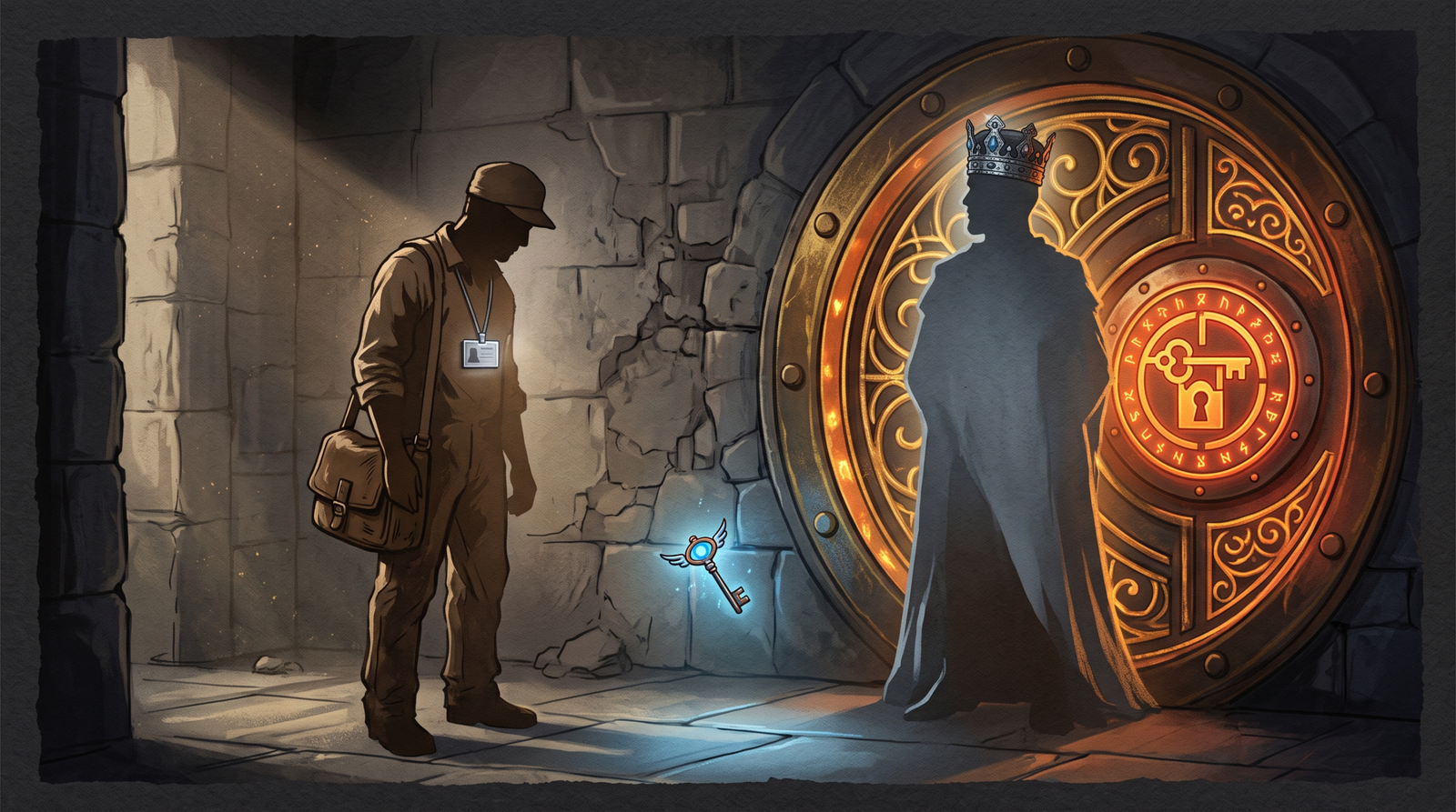 Illustration of a split token concept - one ordinary identity and one elevated crowned identity locked behind a vault