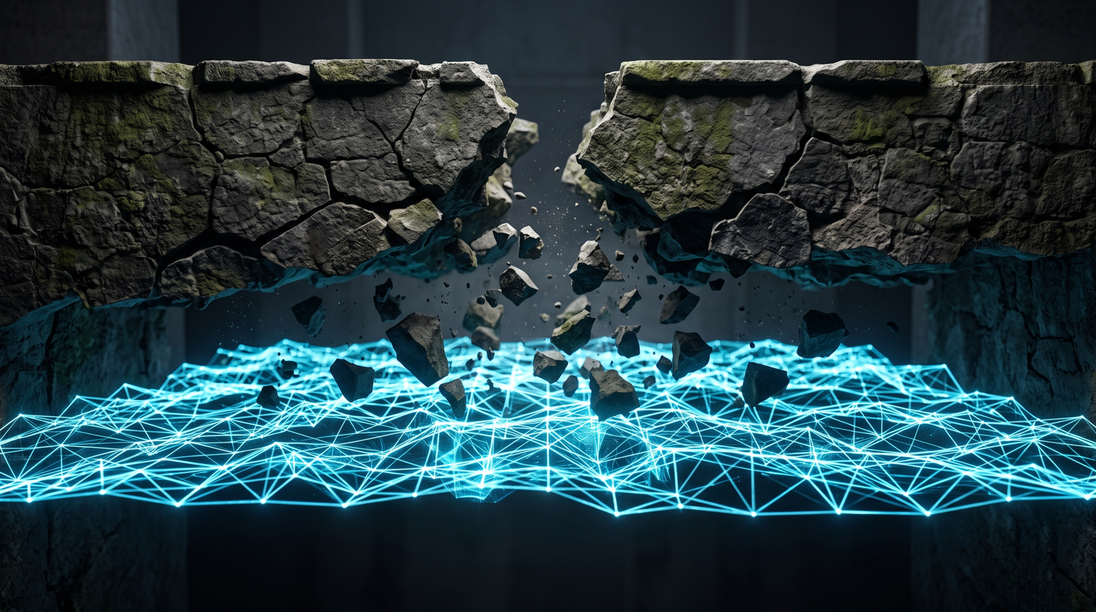 Illustration of a hypervisor SLAT boundary as a luminous mesh catching and halting fragments of a shattered guest kernel page table, symbolising HVCI blocking a PTE overwrite exploit