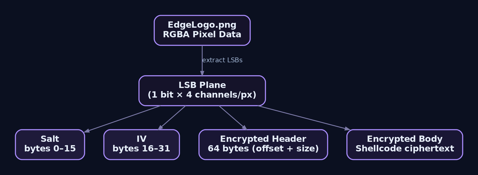 Hierarchy diagram showing how the PNG pixel LSB plane is structured: salt, IV, encrypted header with offset and size fields, followed by the encrypted shellcode body