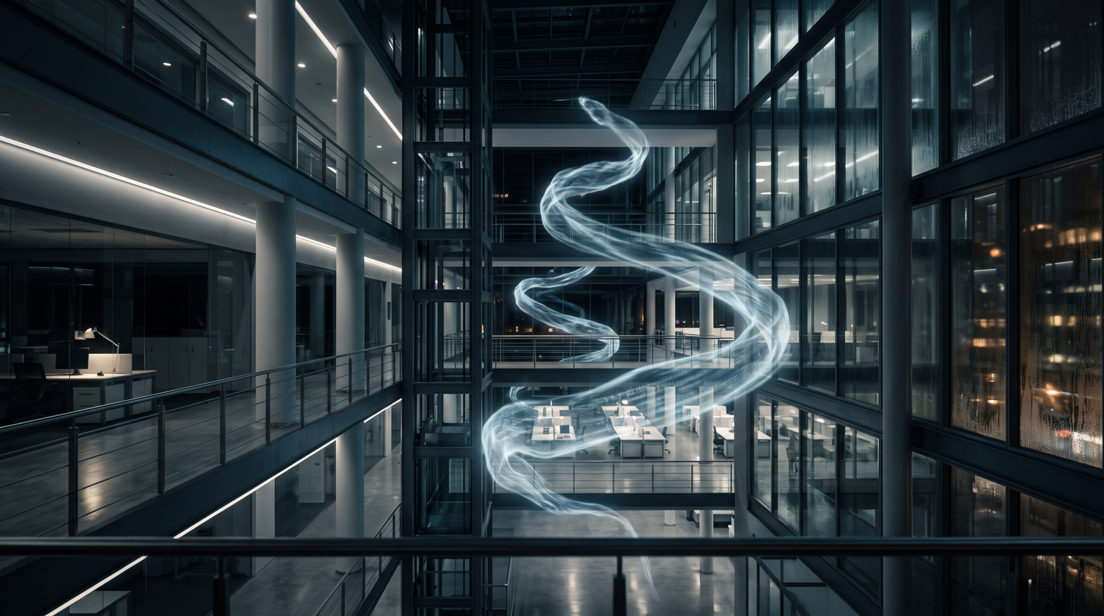 Conceptual illustration of invisible code executing inside a trusted process, represented as a translucent entity moving through a pristine glass structure without touching its surfaces