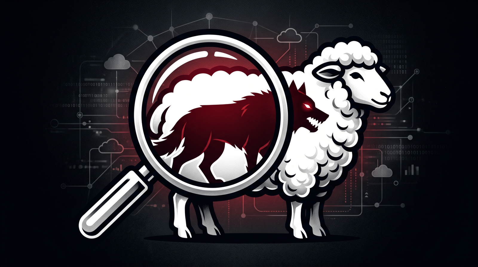Symbolic illustration of a wolf hidden inside a sheep's exterior, with a magnifying glass revealing the deception, representing malicious C2 traffic disguised as legitimate cloud storage