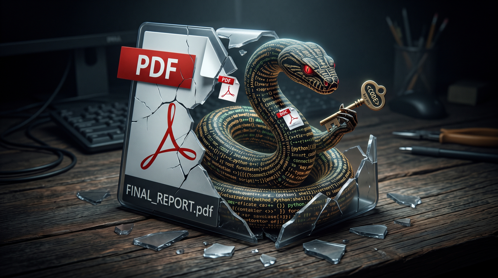 Conceptual illustration of a Windows LNK shortcut disguising a script execution payload inside an innocent document icon