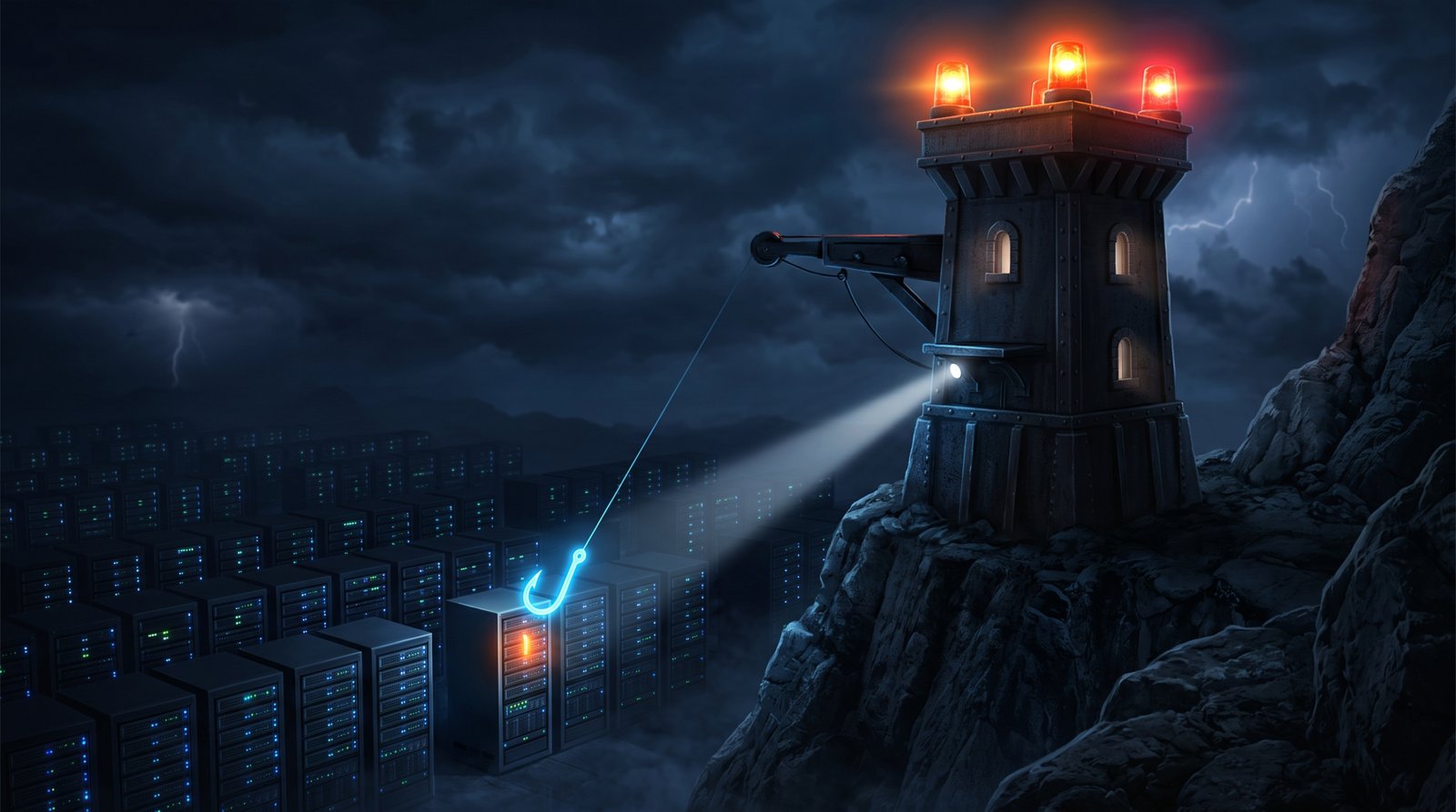 Illustration of a defensive watchtower with alert beacons detecting an attacker's hook aimed at a honeypot server below, symbolising layered AS-REP roasting and spray detection