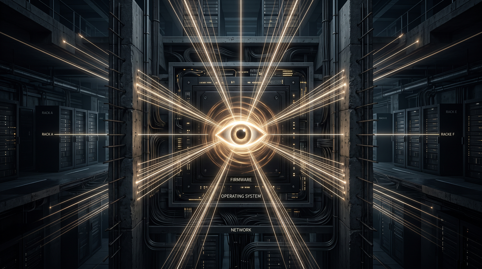 Conceptual illustration of the ETW Threat-Intelligence provider as an omniscient eye embedded in the kernel, with structured telemetry rays passing through all system layers regardless of userland bypass attempts