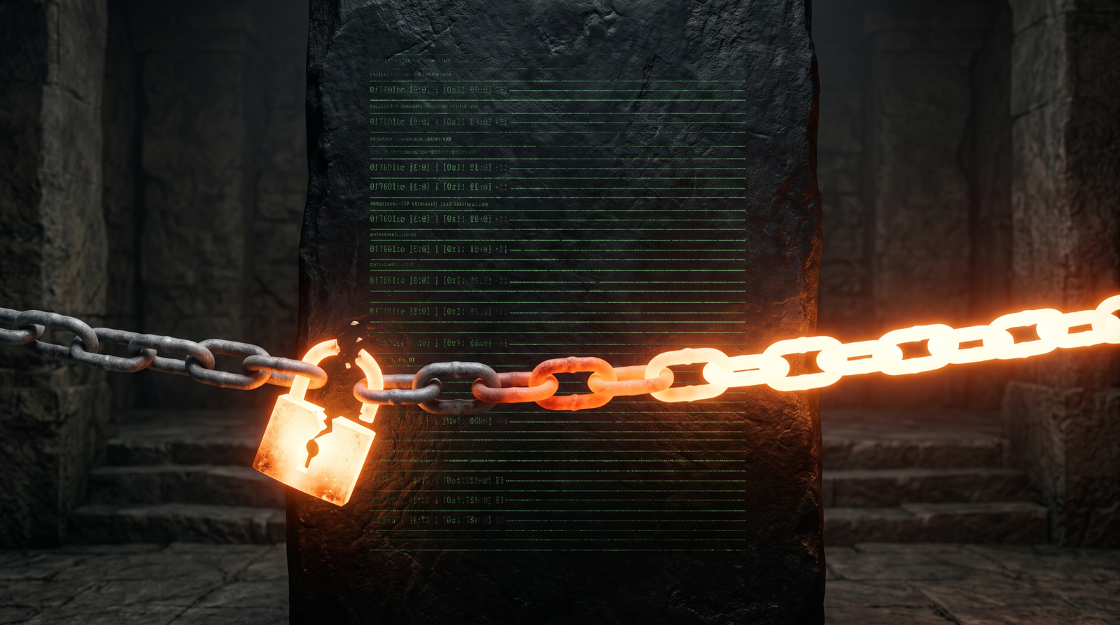 Illustration of a padlock cracking open as a chain of links transitions from dark to glowing, symbolising a memory page protection changing from non-executable to executable